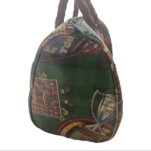 Vtg Nordic House Design Novelty Golf Theme Braided Leather Handles Trim SATCHEL - Picture 6 of 13